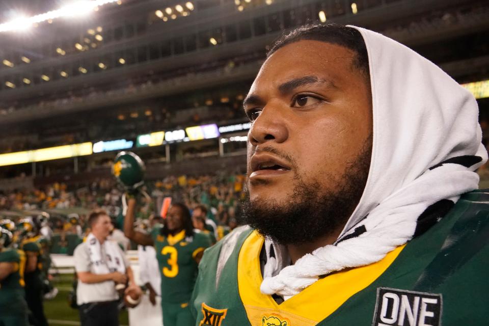 Former Baylor defensive lineman Siaki Ika after a game against Albany on Sept. 3, 2022. The Browns recently drafted Ika in the third round.