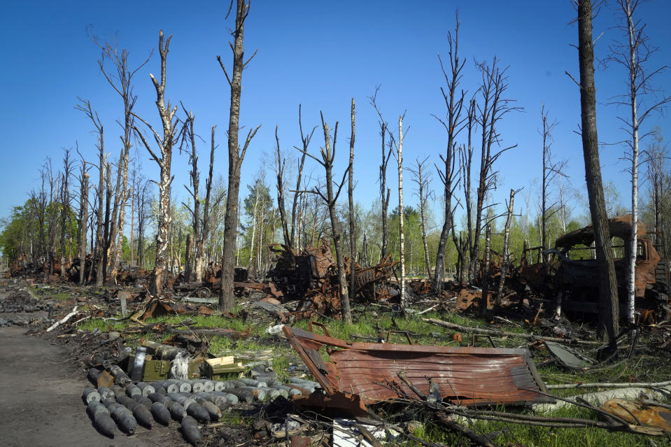 Unexploded shells, grenades and other devices after recent fighting between Russian and Ukrainian forces, at the Antonov airport in Hostomel, on the outskirts of Kyiv, Ukraine, Thursday, May 5, 2022. (AP Photo/Efrem Lukatsky)