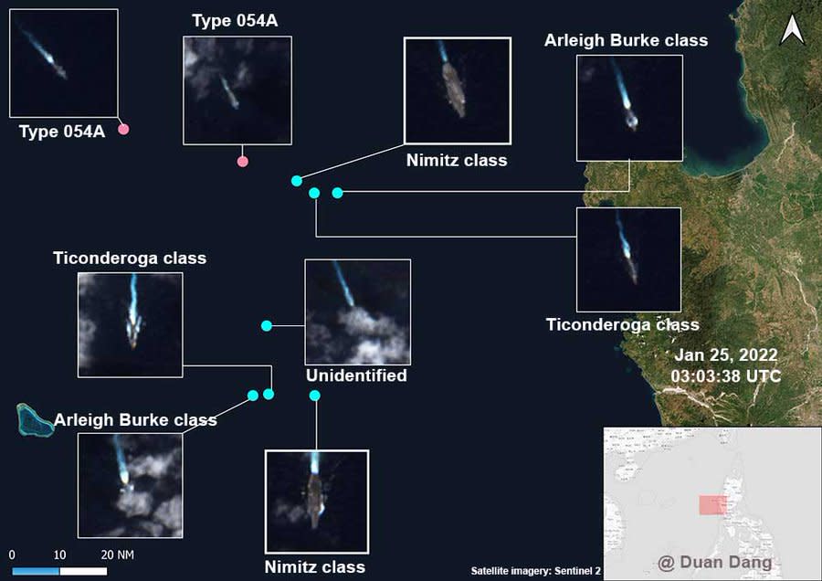 越南軍事記者段當(Duan Dang，音譯)PO出25日凌晨3時的衛星偵照圖，證實美軍有2艘尼米茲級航母、2艘提康羅加級巡洋艦、2艘勃克級驅逐艦和1艘不知級別艦艇在菲律賓西方海域活動，在照片左上(西北)位置則有中國解放軍2艘「054A」艦在旁監控。   圖：翻攝Duan Dang推特