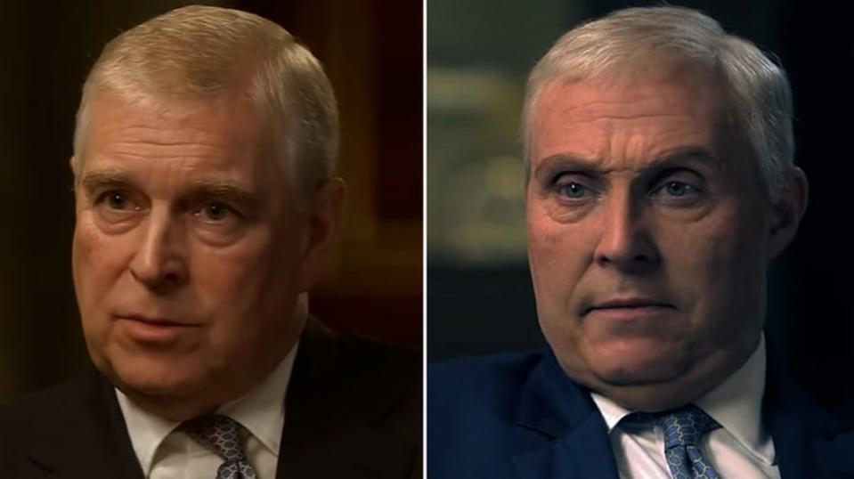 Prince Andrew (left) is portrayed by Rufus Sewell (right) in Scoop (Scoop/Netflix/Newsnight/ BBC)
