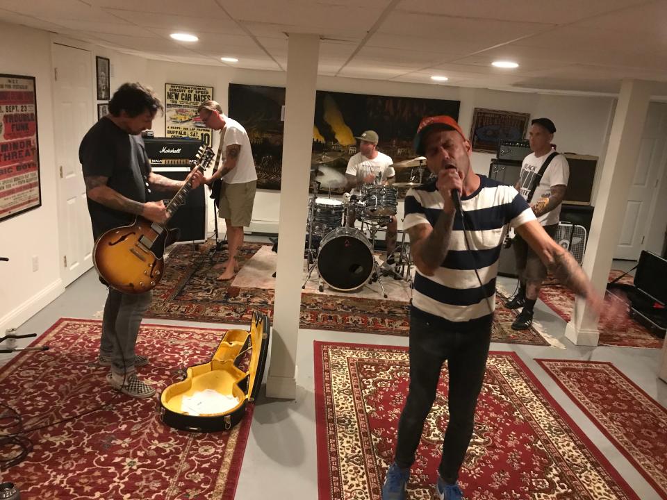 Pete Steinkopf (left to right), Brian Baker, Daniel "Dubs" Windas, Ari Katz and Bryan Kienlen of Beach Rats rehearse in September 2019.