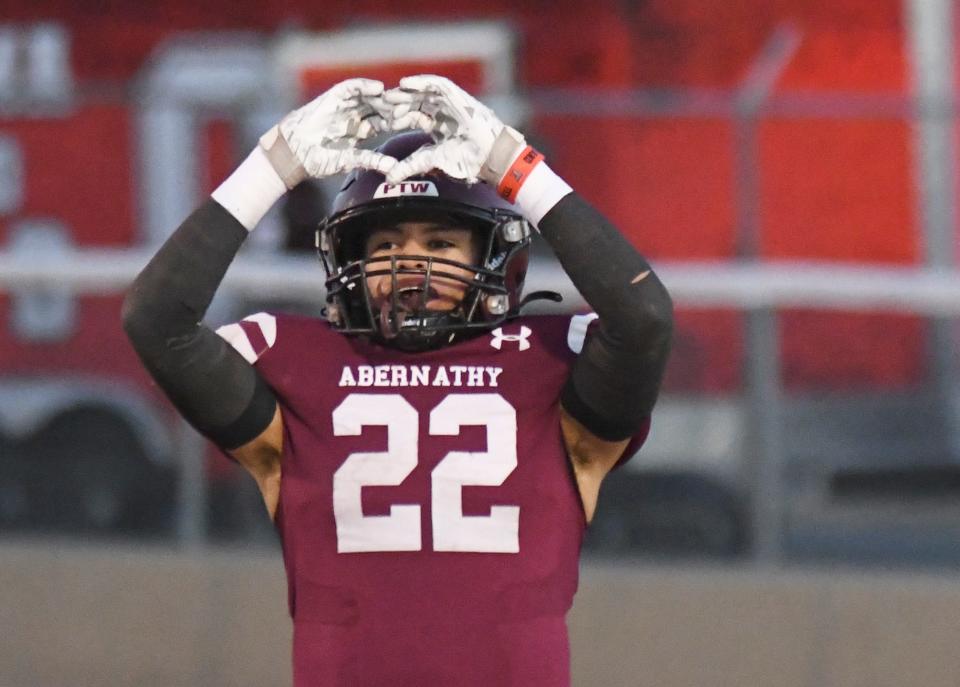 Abernathy's Rolando Martinez celebrates after scoring a touchdown against Coahoma in a District 4-3A Division II football game, Friday, Nov. 3, 2023, at Antelope Stadium in Abernathy.