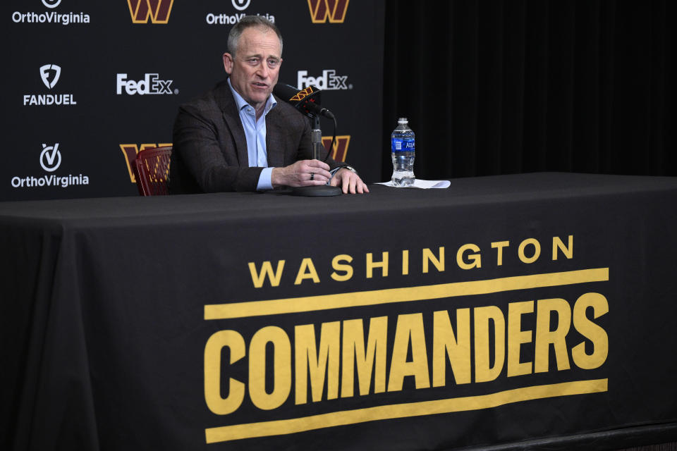 Washington Commanders controlling owner Josh Harris speaks to the media during an NFL football press conference, Monday, Jan. 8, 2024, in Ashburn, Va. (AP Photo/Nick Wass)