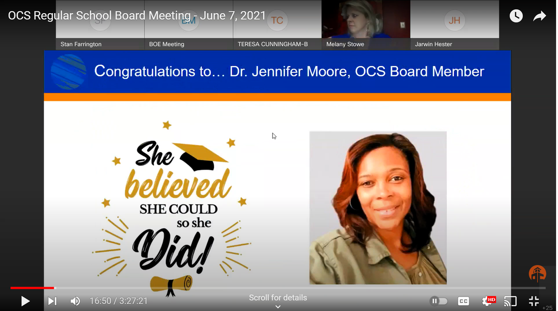 A screenshot of the Orange County School Board meeting on June 5, 2021, at which former Superintendent Monique Felder congratulated board member Jennifer Moore for earning her doctorate in business administration.