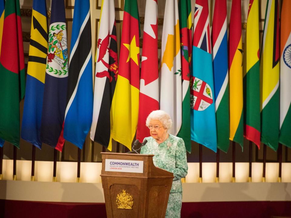 The Queen speaking at the 2018 commonwealth heads of government meeting at Buckingham Palace: AFP via Getty Images