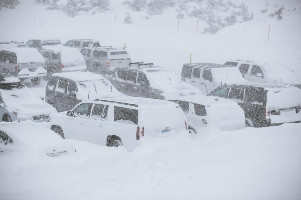 This Tuesday, Nov. 27, 2019 photo provided by the Mammoth Mountain Ski Area shows parked SUVs covered in snow at Mammoth Mountain in Mammoth Mountain, Calif. Blizzard conditions have closed Interstate 5 south of Ashland, Oregon, all the way to the California state line. The Siskiyou Summit at the border on I-5, typically one of the more perilous sections of freeway along the West Coast corridor in wintery weather, had seen 6 inches of new snow with 10 inches packed on the roadside. (Peter Morning/Mammoth Mountain Ski Area via AP)