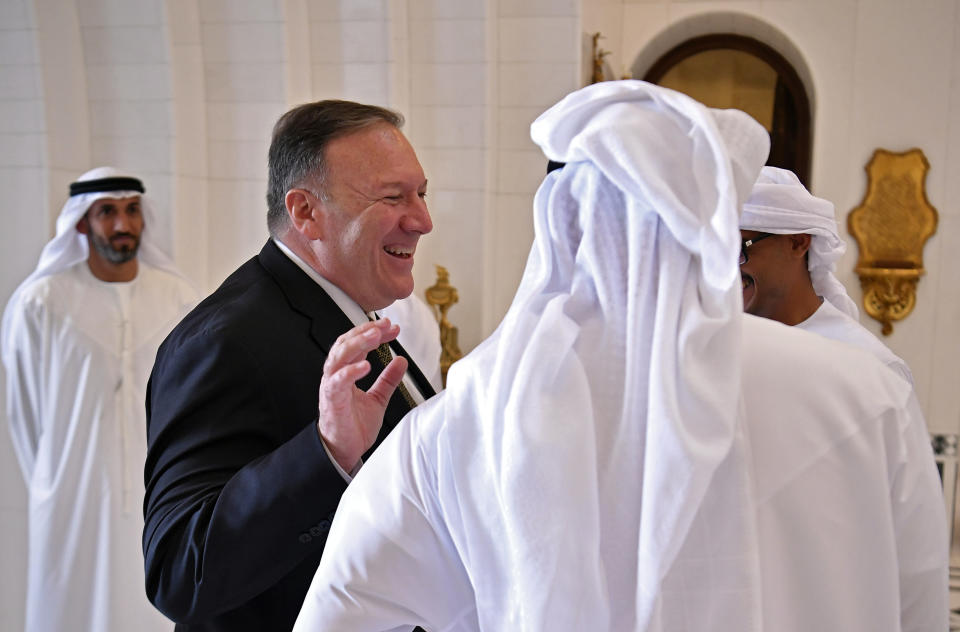 U.S. Secretary of State Mike Pompeo smiles during a meeting Abu Dhabi Crown Prince Mohamed bin Zayed al-Nahyan in Abu Dhabi, United Arab Emirates, Thursday, Sept. 19, 2019. (Mandel Ngan/Pool via AP)