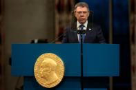 Colombia's President Juan Manuel Santos gives his acceptance speech during the Nobel Peace Prize award ceremony in Oslo on December 10, 2016