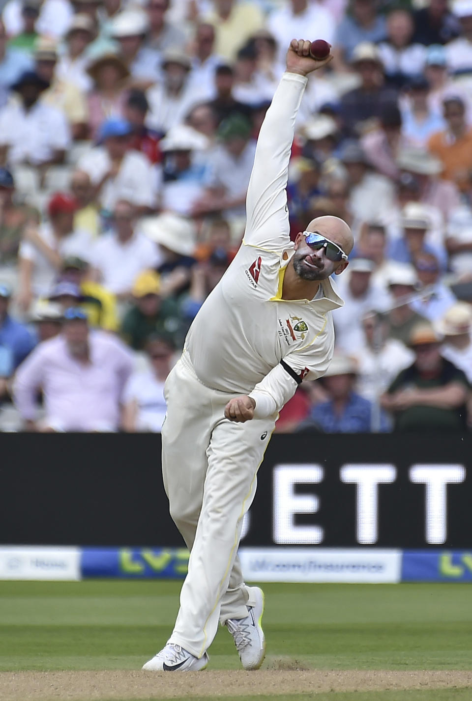 Australia's Nathan Lyon bowls on day one of the first Ashes Test cricket match between England and Australia at Edgbaston, Birmingham, England, Friday, June 16, 2023. (AP Photo/Rui Vieira)