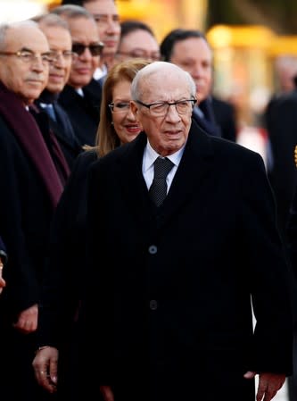 Tunisian President Beji Caid Essebsi and Maltese President Marie-Louise Coleiro Preca attend a ceremony at the start of his two-day state visit to Malta, in Valletta