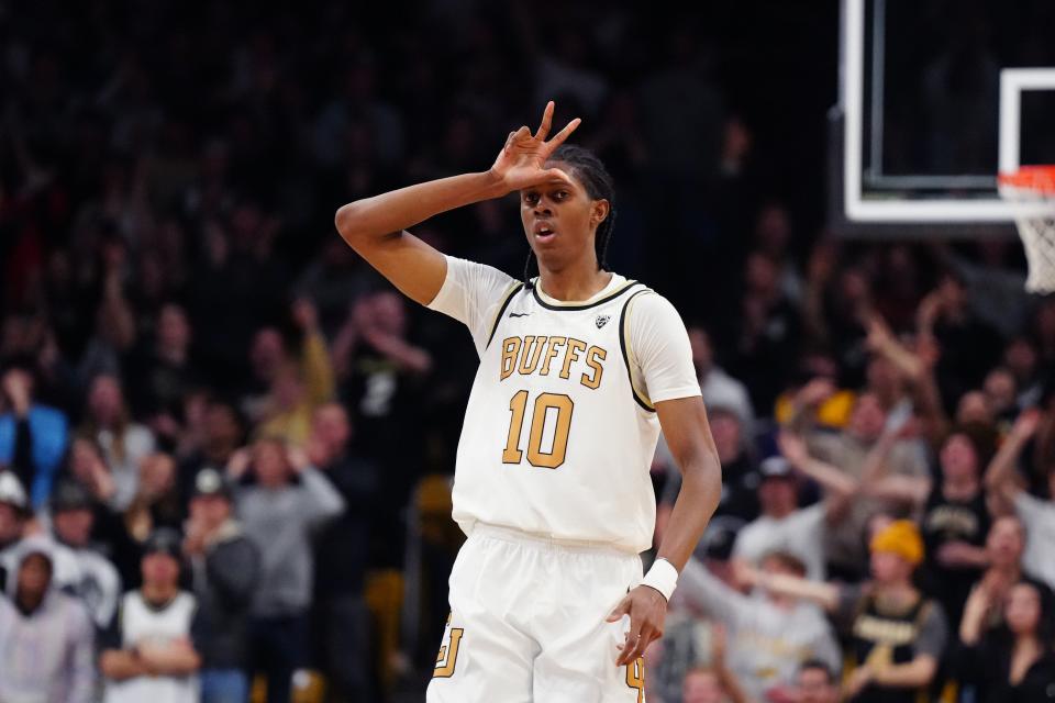 Colorado Buffaloes forward Cody Williams (10) reacts after his three-point basket in the second half against the Oregon Ducks at the CU Events Center in Boulder on Jan. 18.