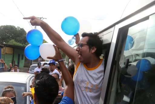 Nicaraguan Yubrank Suazo celebrates after being released from prison in Managua, Nicaragua, on June 11, 2019