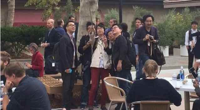 Media using a selfie stick outside the Flint Center before Apple’s September 9 product announcement. Picture: Alyssa Bereznak/Yahoo Tech