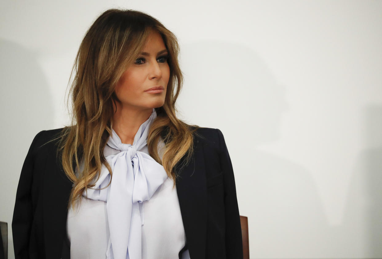 Melania Trump wore a p<span>υ</span>ssy-bow blouse at the cyberbullying summit. (Photo: AP Photo/Pablo Martinez Monsivais)