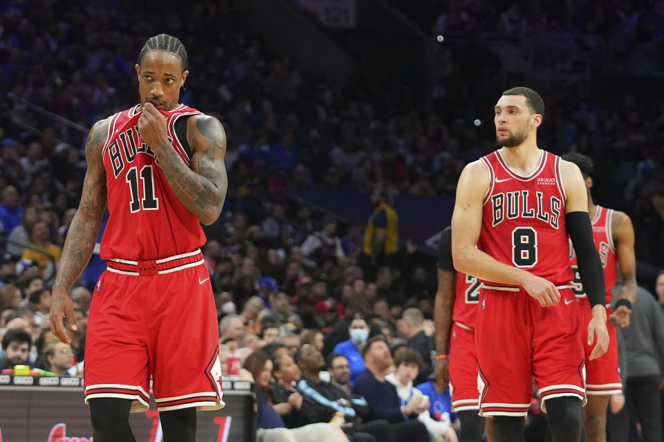 The Bulls have reportedly held several team meetings, including one-on-ones with Zach LaVine and DeMar DeRozan, to try to fix their issues. (Mitchell Leff/Getty Images)
