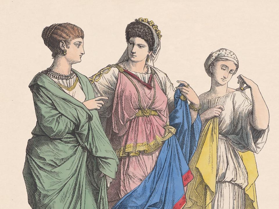 Roman women talking to each other in a wood engraving circa 1880 – maybe about body hair... who knows? (iStock)