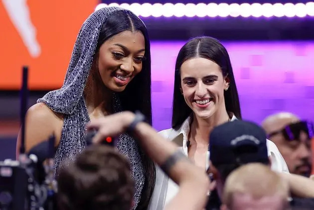 Angel Reese and Caitlin Clark photographed together before the WNBA basketball draft on Monday, April 15, 2024, in New York City.