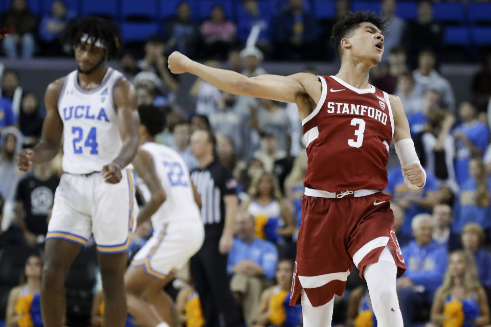 Stanford guard Tyrell Terry celebrates after scoring against UCLA during the second half of an NCAA college basketball game in Los Angeles, Wednesday, Jan. 15, 2020. (AP Photo/Chris Carlson)