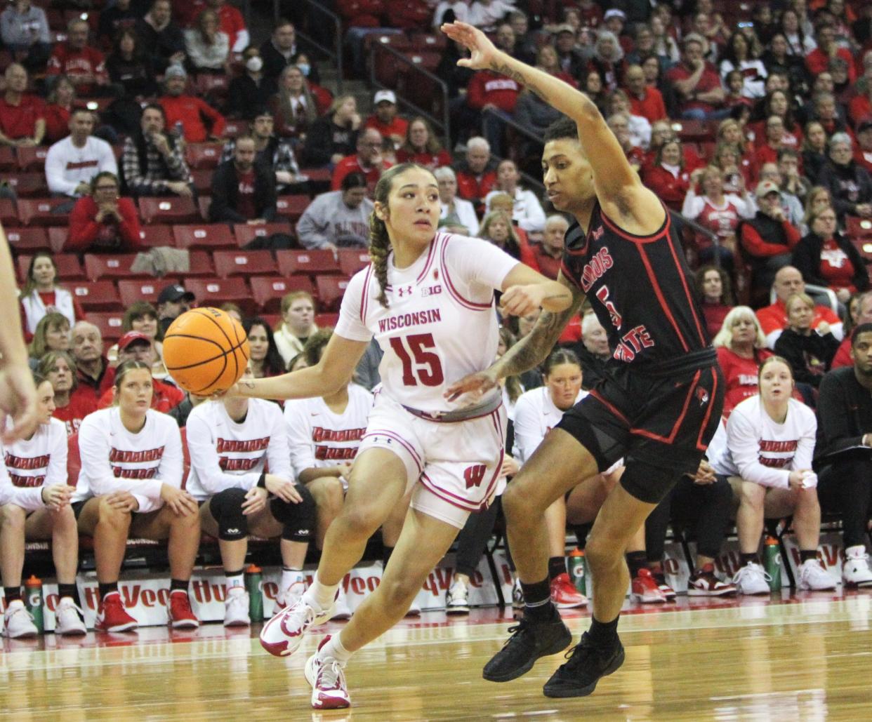 Wisconsin's Sania Copeland drives into the paint against Illinois State's Daijah Smith during a WNIT Super 16 game Thursday night at the Kohl Center.