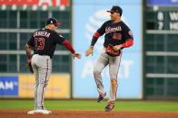 Washington Nationals' Juan Soto and Asdrubal Cabrera celebrate after Game 2 of the baseball World Series against the Houston Astros Thursday, Oct. 24, 2019, in Houston. The Nationals won 12-3 to take a 2-0 lead in the series. (AP Photo/David J. Phillip)