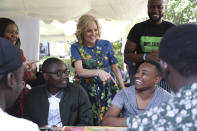 US first lady Jill Biden, centre, meets youth at Village Creative in Nairobi, Kenya, Saturday, Feb. 25, 2023. Biden is in Kenya on the second and final stop of her trip. (AP Photo/Brian Inganga).