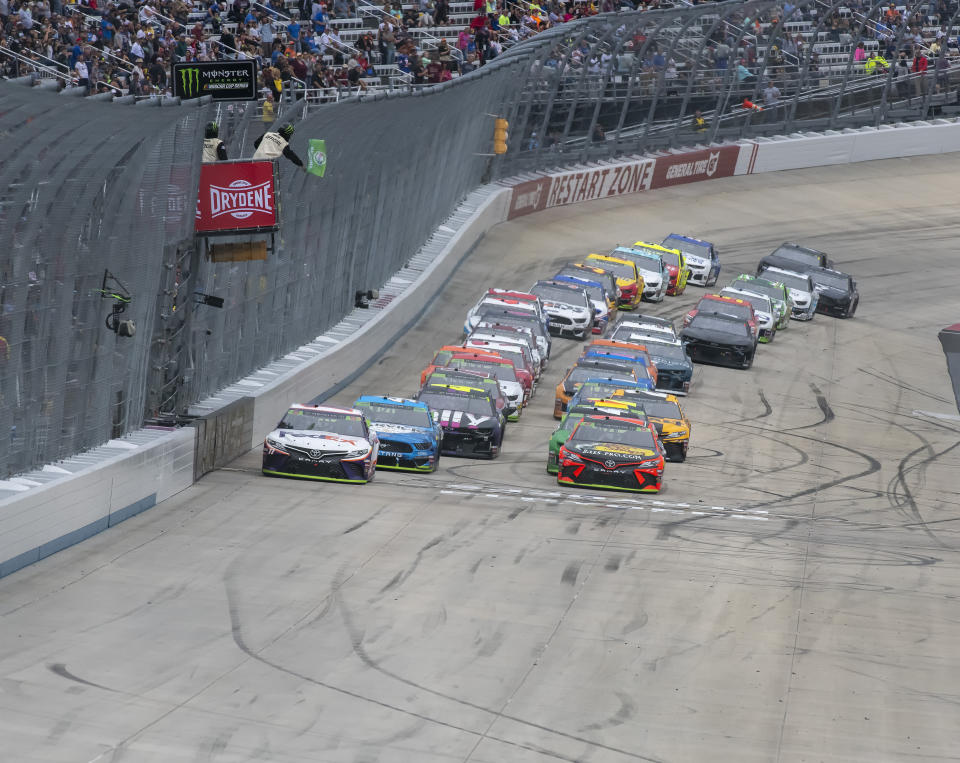 Drivers start Stage 2 at the Drydene 400 - Monster Energy NASCAR Cup Series playoff auto race, Sunday, Oct. 6, 2019, at Dover International Speedway in Dover, Del. (AP Photo/Jason Minto)