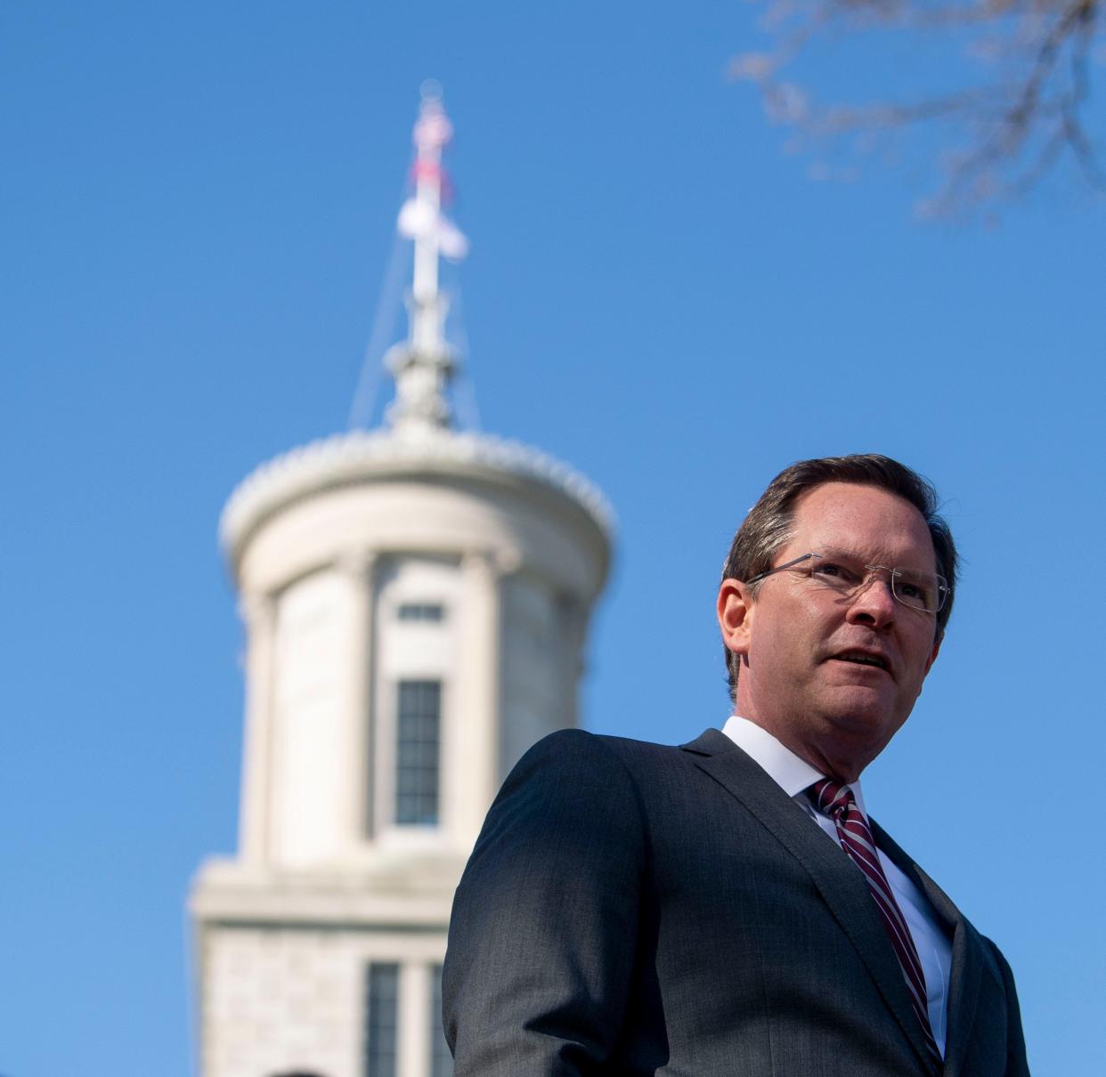 House Speaker Cameron Sexton walks down the steps before agriculture day at the Tennessee Capitol in Nashville, Tenn., Tuesday, March 19, 2024.