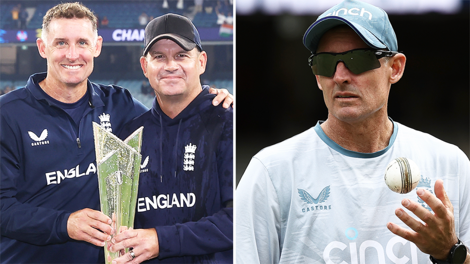 Mike Hussey (pictured right) during practice and (pictured left) Hussey posing with the T20 World Cup trophy.