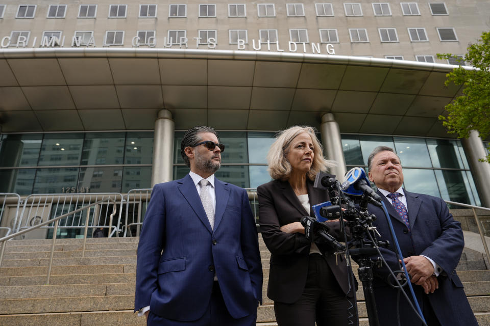 Diana Fabi Samson, center, and John Esposito, right, attorney's for Harvey Weinstein along with jail consultant Craig Rothfeld, speak outside Queens criminal court, Thursday, May 9, 2024, in New York. Harvey Weinstein returned to court in New York City as authorities consider an extradition request from California to serve his sentence for a 2022 rape conviction. The 16-year sentence Weinstein received for raping a woman at a Los Angeles film festival in 2013 had been on ice while he served time in New York. (AP Photo/Julia Nikhinson)