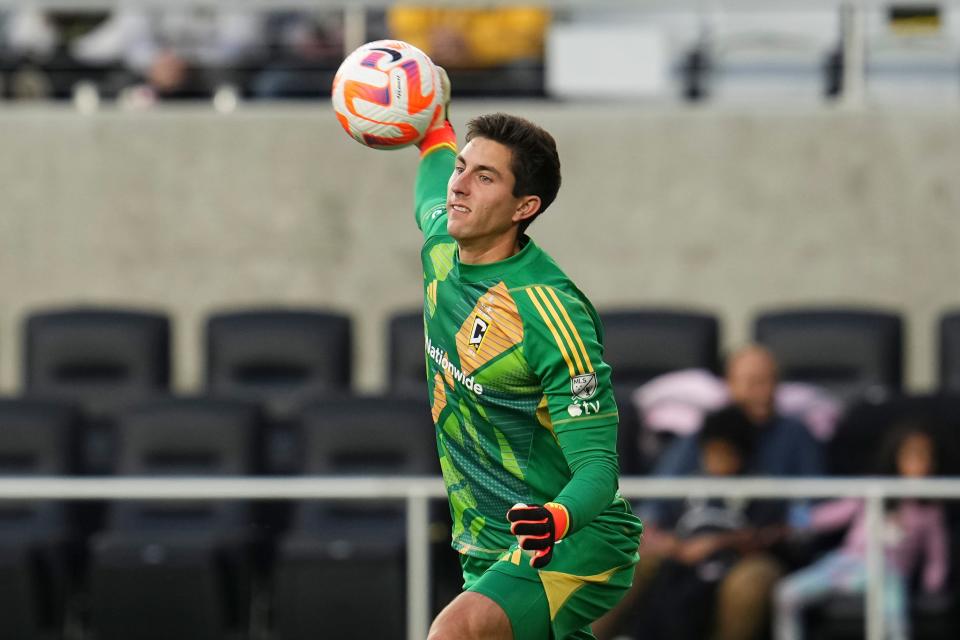 Mar 12, 2024; Columbus, OH, USA; Columbus Crew goalkeeper Patrick Schulte (28) throws the ball during the second half of the Concacaf Champions Cup soccer game against the Houston Dynamo at Lower.com Field. Mandatory Credit: Adam Cairns-USA TODAY Sports