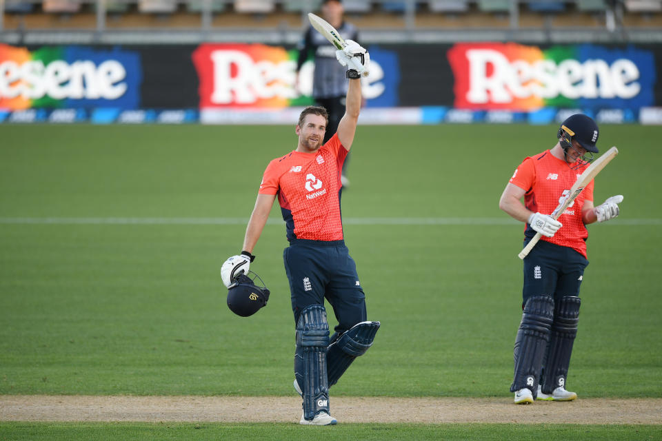 NAPIER, NEW ZEALAND - NOVEMBER 08: Dawid Malan of England celebrates 100 runs during game four of the Twenty20 International series between New Zealand and England at McLean Park on November 08, 2019 in Napier, New Zealand. (Photo by Kerry Marshall/Getty Images)