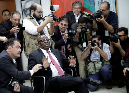 Joaquim Barbosa, former Chief Justice in Brazil, is seen during a meeting with PSB Election Commission in Brasilia, Brazil April 19, 2018. REUTERS/Ueslei Marcelino