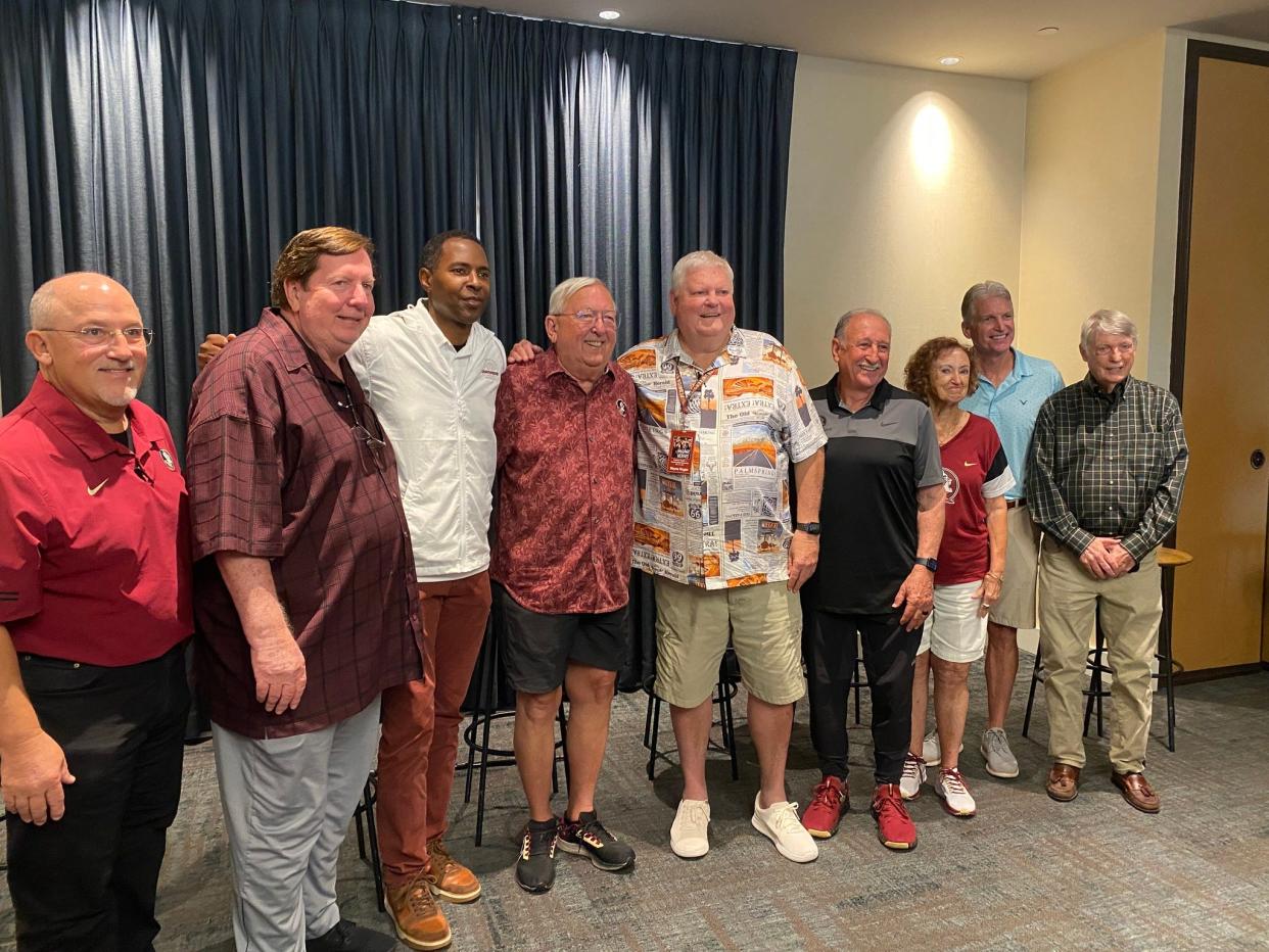 Group holds Q&A session during 'Hogan's Heroes' reunion at FSU in May, 2024. From left to right, Chip Baker, Pat Kennedy, Charlie Ward, Gene Deckerhoff, Wayne Hogan, Sue Hall, Bernie Waxman, Tallahassee Democrat sports editor Jim Henry, and Jim Crosby.