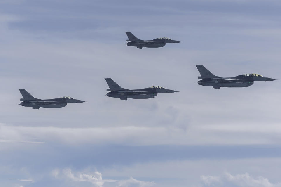 CORRECTS SPELLING OF ESWATINI In this photo released by the Taiwan Presidential Office, F16 fighter jets escort a plane with Taiwan's President Tsai Ing-wen as she leaves for a visit to Eswatini from Taiwan Tuesday, Sept. 5, 2023. Taiwan's President Tsai Ing-wen has begun a four-day trip to Eswatini, one of the island's 13 remaining allies. Tsai, who is serving her last year as president, is visiting the country of 1.1 million people in southern Africa to "celebrate the friendship between the two countries," she said, as she departed Taiwan. (Taiwan Presidential Office via AP)