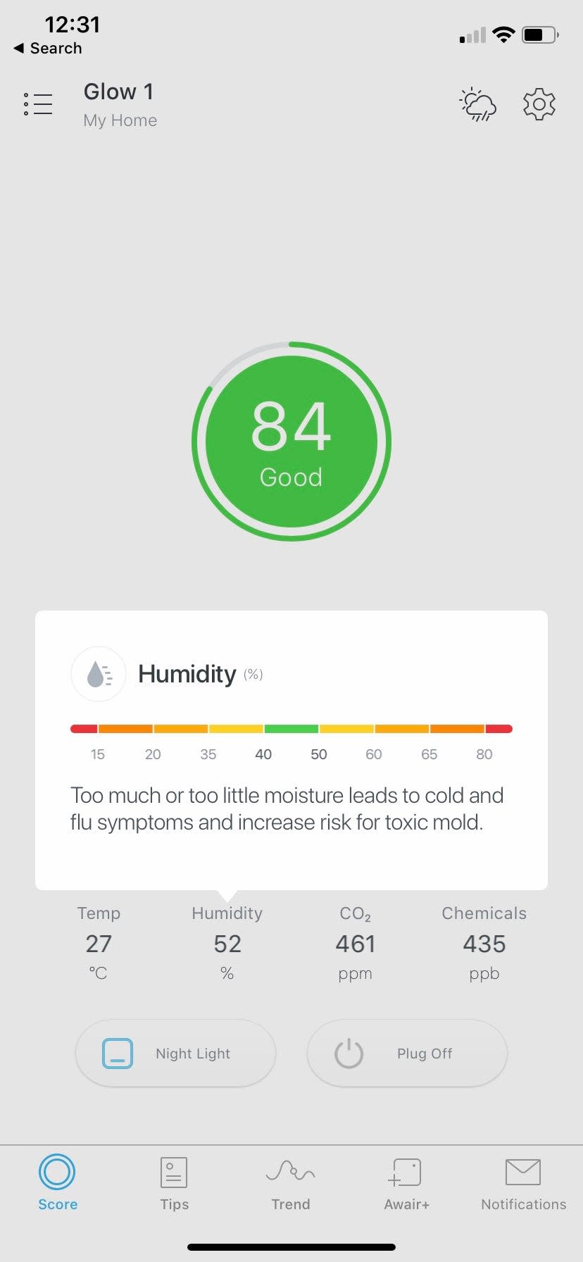The Awair Glow C mobile app shows good air quality overall, but warns about rising humidity.