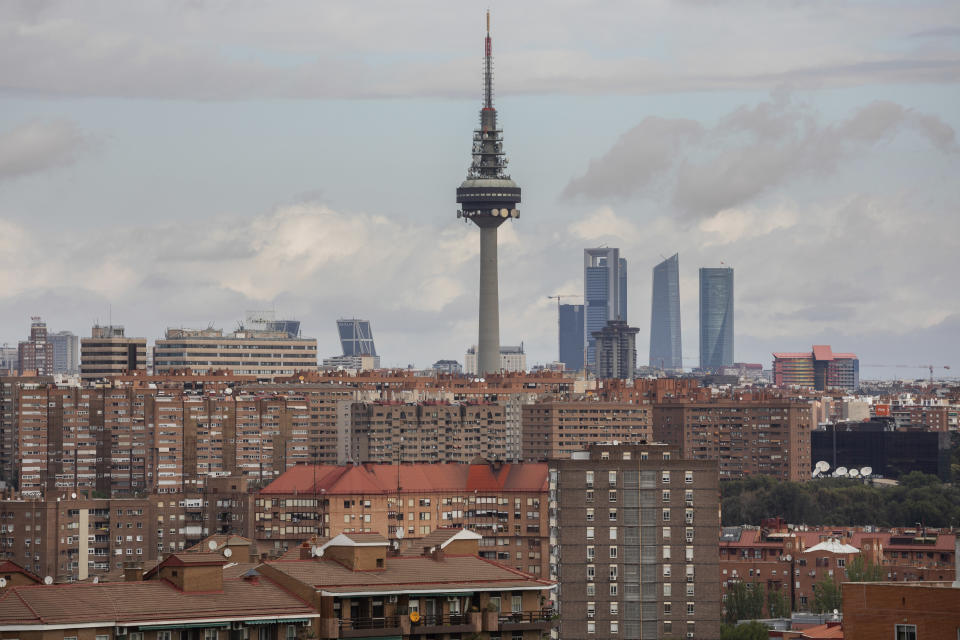 View of Madrid, Spain, Wednesday, Sept. 23, 2020. Madrid is poised to extend its restrictions on movement to more neighborhoods, due to a surge in new cases in other districts and despite an outcry from residents over discrimination. Police on Monday deployed to 37 working-class neighborhoods that have seen 14-day transmission rates above 1,000 per 100,000 inhabitants. (AP Photo/Bernat Armangue)