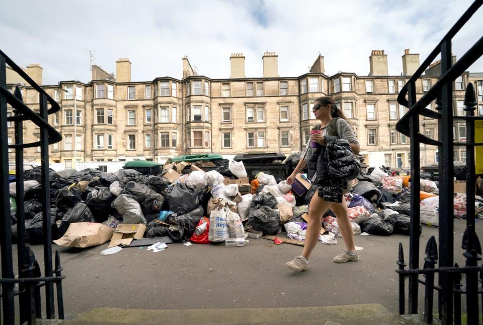Overflowing bins on the streets of Edinburgh where cleansing workers from the City of Edinburgh Council are on strike (Andrew Milligan/PA) (PA Wire)