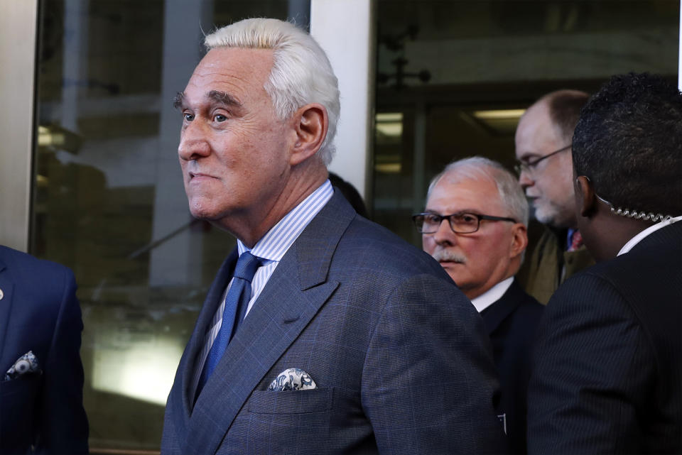 Former campaign adviser for President Donald Trump, Roger Stone, leaves federal court Thursday, Feb. 21, 2019, in Washington. A judge has imposed a full gag order on Trump confidant Roger Stone after he posted a photo on Instagram of the judge with what appeared to be crosshairs of a gun. (AP Photo/Jacquelyn Martin)