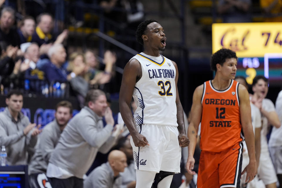 California guard Jalen Celestine (32) reacts after scoring against Oregon State during the second half of an NCAA college basketball game Thursday, Feb. 22, 2024, in Berkeley, Calif. (AP Photo/Godofredo A. Vásquez)