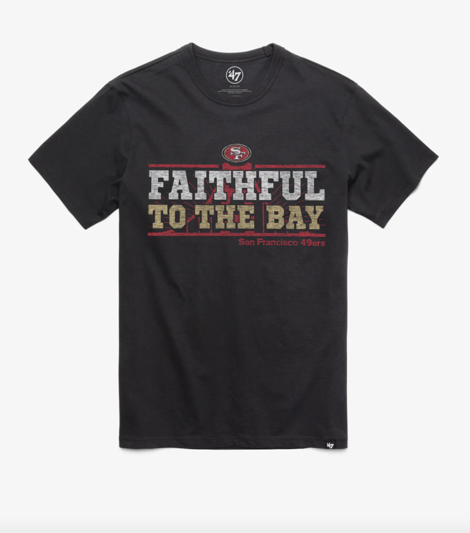 <p><a href="https://go.redirectingat.com?id=74968X1596630&url=https%3A%2F%2Fwww.47brand.com%2Fproducts%2Fsan-francisco-49ers-regional-franklin-tee-mens-6&sref=https%3A%2F%2Fwww.countryliving.com%2Fshopping%2Fg46597193%2Fsuper-bowl-party-gear-outfits-accessories%2F" rel="nofollow noopener" target="_blank" data-ylk="slk:Shop Now;elm:context_link;itc:0;sec:content-canvas" class="link ">Shop Now</a></p><p>Faithful to the Bay 49ers Shirt </p><p>47brand.com</p><p>$35.00</p><span class="copyright">'47</span>