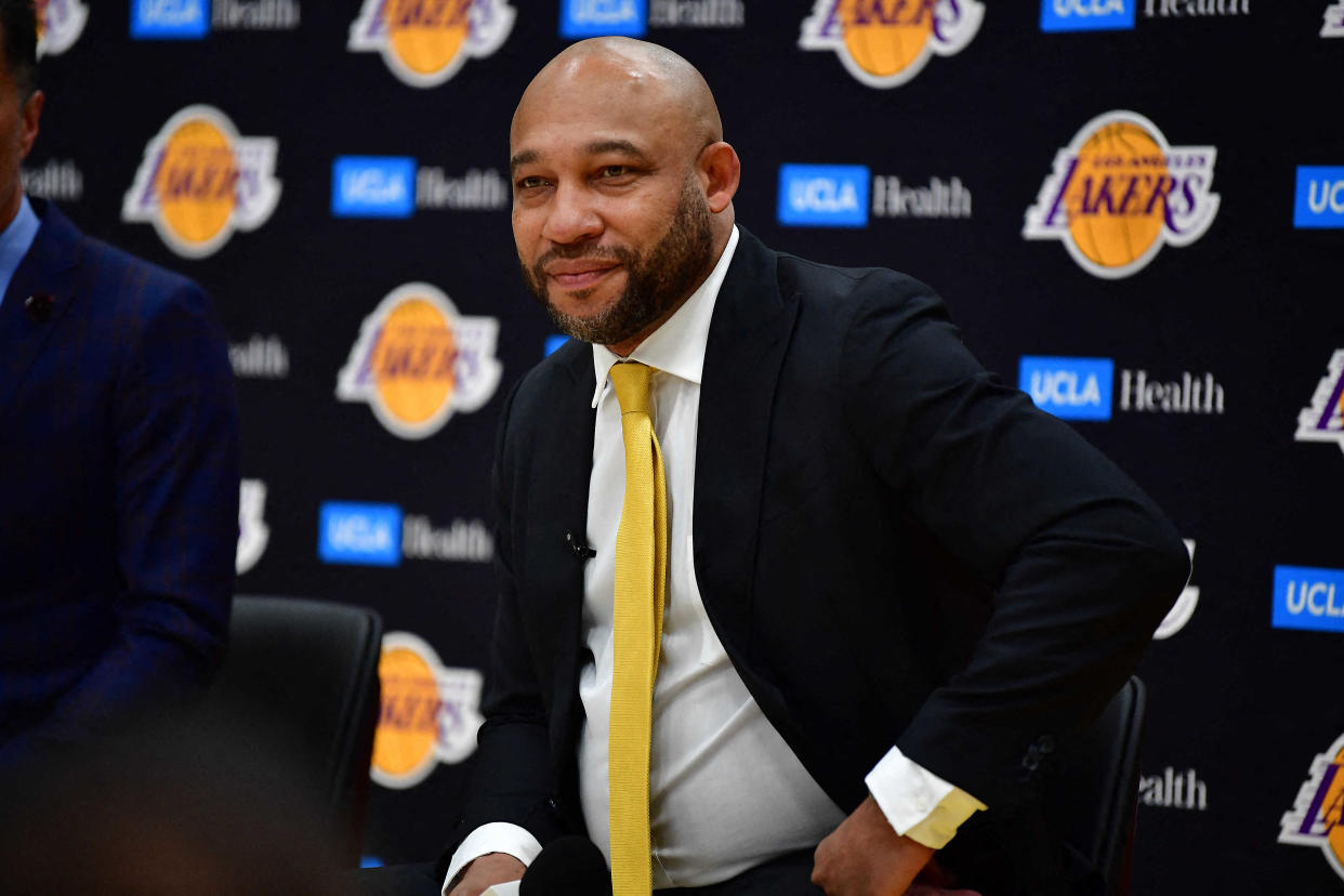 Jun 6, 2022; El Segundo, CA, USA; Los Angeles Lakers head coach Darvin Ham is introduced at UCLA Health Training Center Mandatory Credit: Gary A. Vasquez-USA TODAY Sports