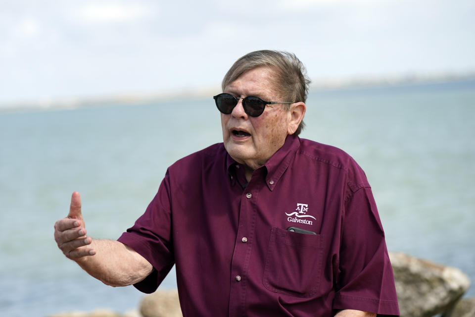 Bill Merrell, a professor in the Marine Sciences Department at Texas A&M University at Galveston and a former president of the school, sits along Galveston Bay as he talks about the Ike Dike project Friday, Sept. 4, 2020, in Galveston, Texas. The Ike Dike is a coastal barrier that, when completed, would protect the Houston-Galveston region including Galveston Bay from hurricane storm surge. The project was conceived by Merrell in response to the extensive surge damage caused by Hurricane Ike in September of 2008. (AP Photo/David J. Phillip)