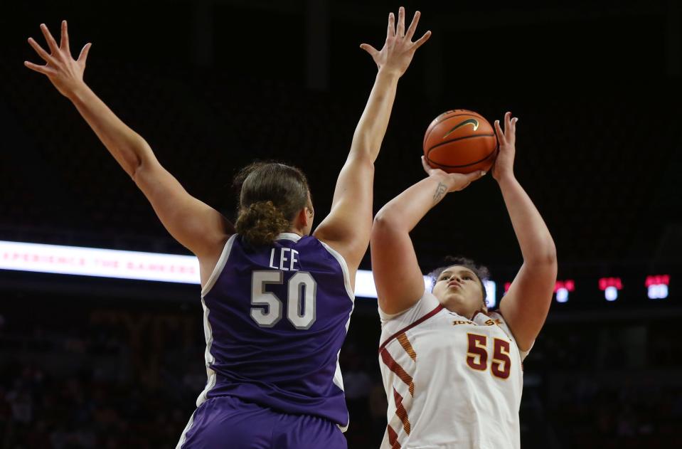 Iowa State's Audi Crooks takes a shot against Kansas State on Feb. 14.