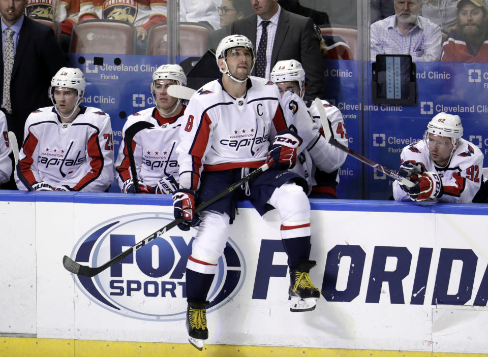 Washington Capitals left wing Alex Ovechkin (8) sits on the sideline during the third period of an NHL hockey game against the Florida Panthers, Monday, April 1, 2019, in Sunrise, Fla. The Panthers won 5-3. (AP Photo/Lynne Sladky)