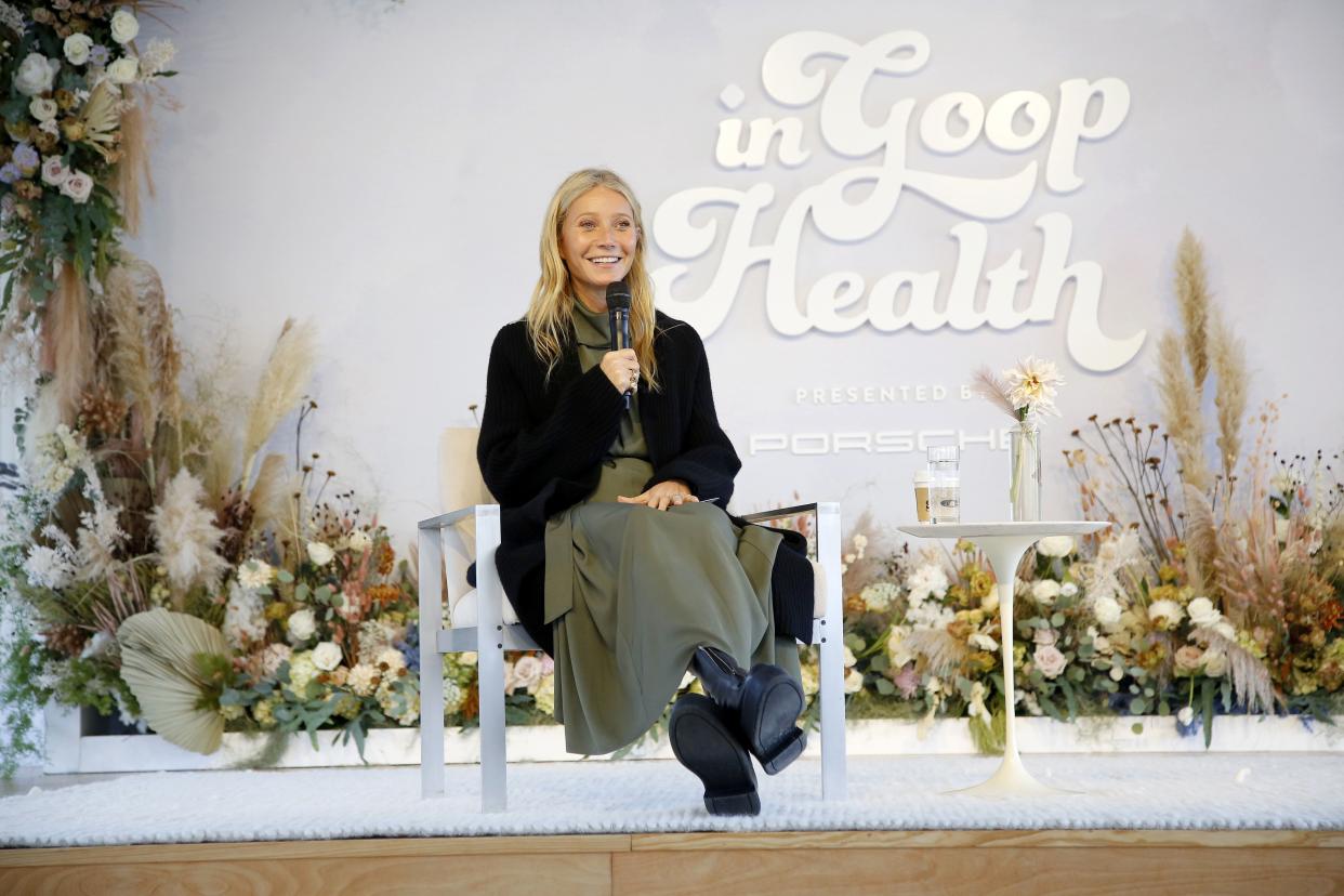 Gwyneth Paltrow speaks during In goop Health Summit presented by Porsche 2021 at Porsche Experience Center Los Angeles on November 07, 2021 in Los Angeles, California.