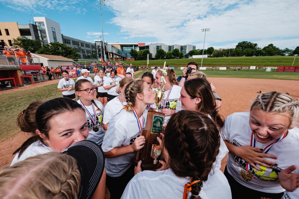 Strasburg celebrates their win of the Division 4 State Softball Championship game against Lincolnview Saturday, June 4 at Firestone Stadium in Akron.