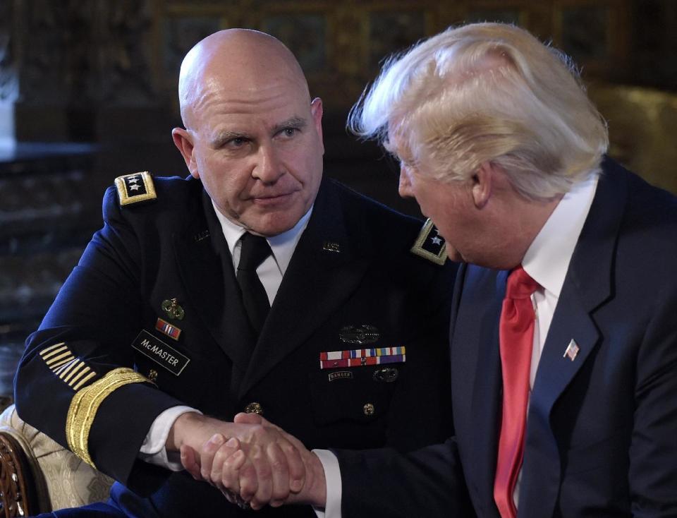 President Donald Trump, right, shakes hands with Army Lt. Gen. H.R. McMaster, left, at Trump’s Mar-a-Lago estate in Palm Beach, Fla. on Feb. 20, 2017, when he announced that McMaster will be the new national security adviser. <span>Trump announced on Twitter on March 22, 2018, that McMaster is being replaced by former U.N. Ambassador John Bolton. </span>(AP Photo/Susan Walsh)