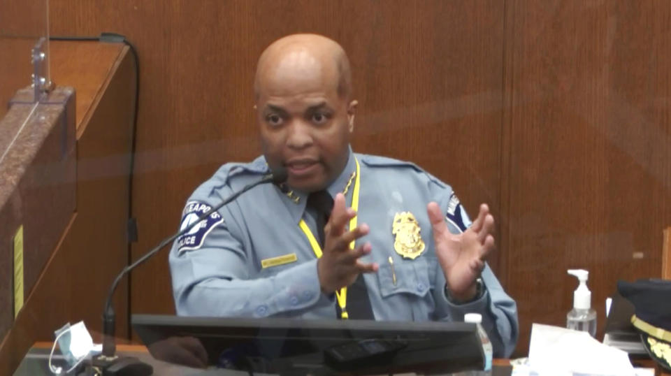 In this image from video, witness Minneapolis Police Chief Medaria Arradondo testifies as Hennepin County Judge Peter Cahill presides Monday, April 5, 2021, in the trial of former Minneapolis police Officer Derek Chauvin at the Hennepin County Courthouse in Minneapolis. Chauvin is charged in the May 25, 2020 death of George Floyd. (Court TV via AP, Pool)