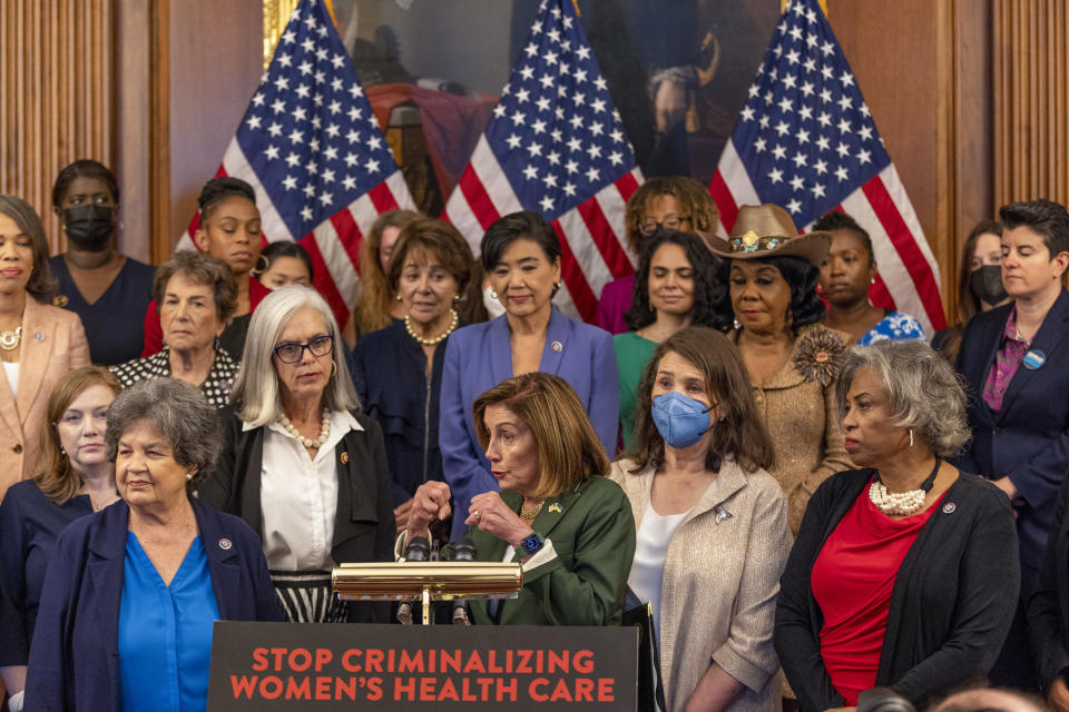 WASHINGTON, DC - JULY 28: U.S. Speaker of the House Nancy Pelosi (D-CA) speaks as House Democratic lawmakers hold a press conference to oppose restrictive abortion laws and support women's health care at the U.S. Capitol on July 28, 2022 in Washington, DC. The Supreme Court’s recent decision in the Dobbs v Jackson Women’s Health case overturned the 50-year-old Roe v Wade case and erased federal protection for abortion. (Photo by Tasos Katopodis/Getty Images)