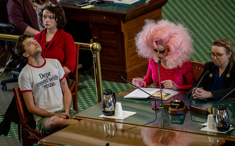 ATX drag queen Brigitte Bandit gives testimony in the Senate Chamber at the Texas State Capitol